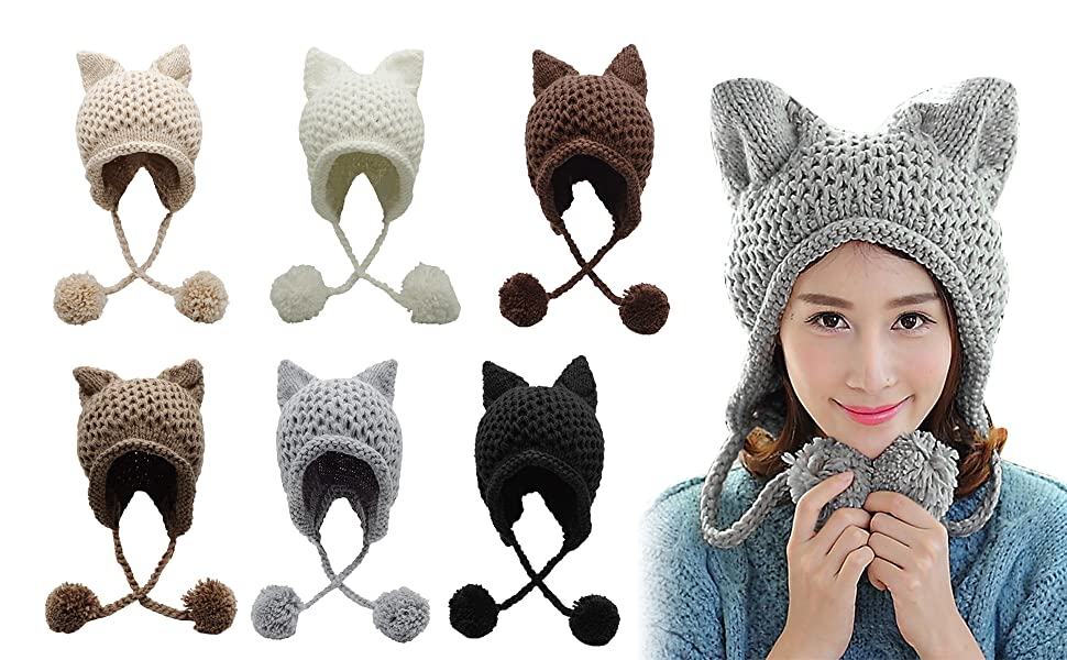 Cat Ears Knit Hat Ear Flap Crochet Beanie Hat