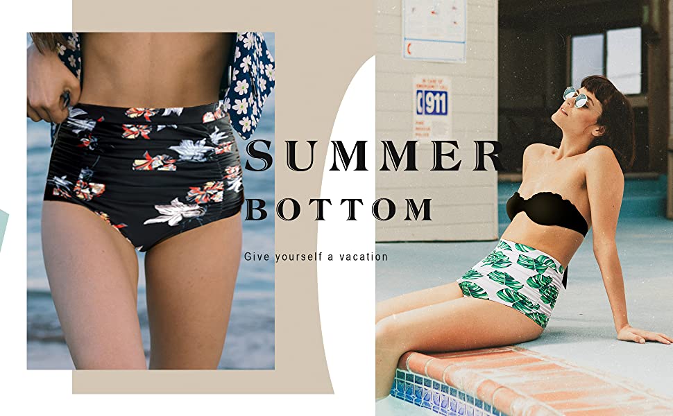 Women s Floral Print Bikini Bottoms Retro High Waist Swim Short Ruched Tankinis Swimsuit Briefs